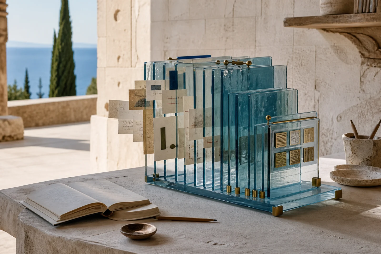 A blue glass information structure on a sunlit limestone table above the Adriatic sea