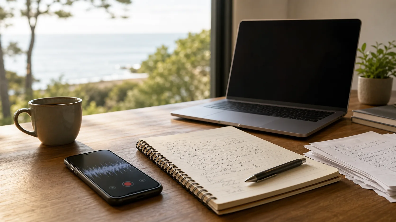 Mobitel s otvorenom glasovnom snimkom leži kraj bilježnice, papira, laptopa i šalice kave na drvenom stolu.